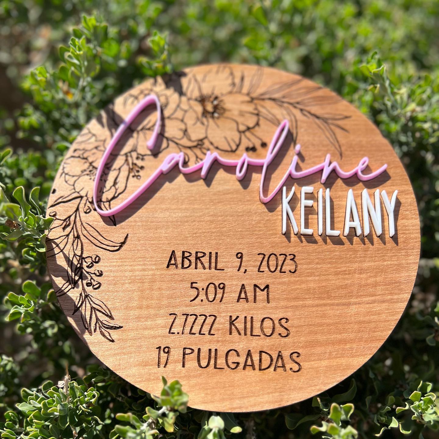 Custom Floral Wood & Acrylic Baby Arrival Plaque | Personalized Birth Stats Keepsake |