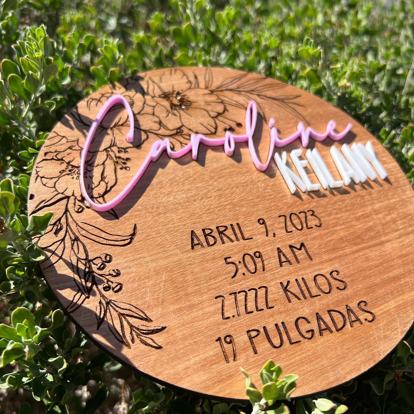 Custom Floral Wood & Acrylic Baby Arrival Plaque | Personalized Birth Stats Keepsake |