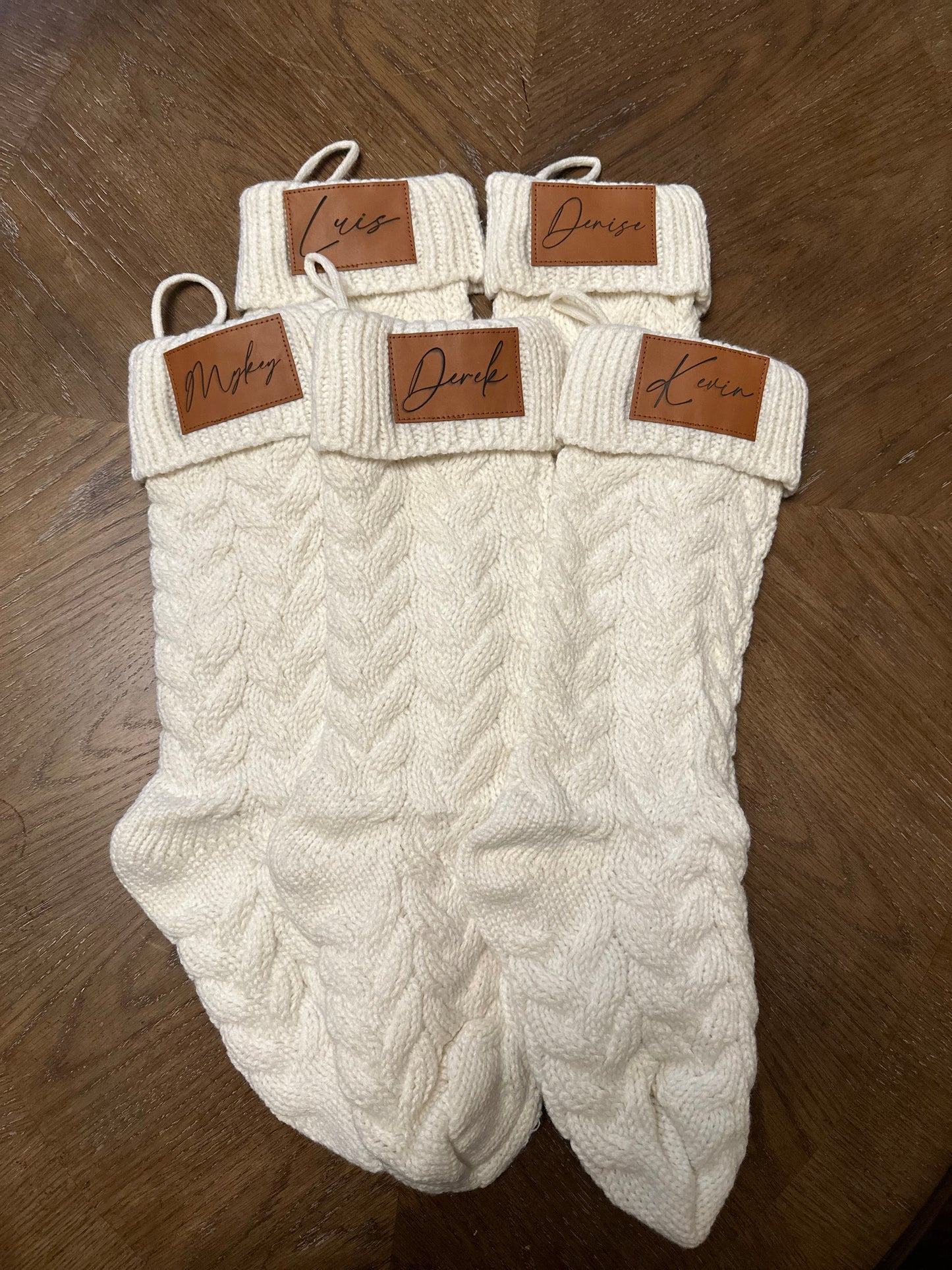 18-Inch Personalized Stockings with Leather Patch | White, Tan, or White with Tan