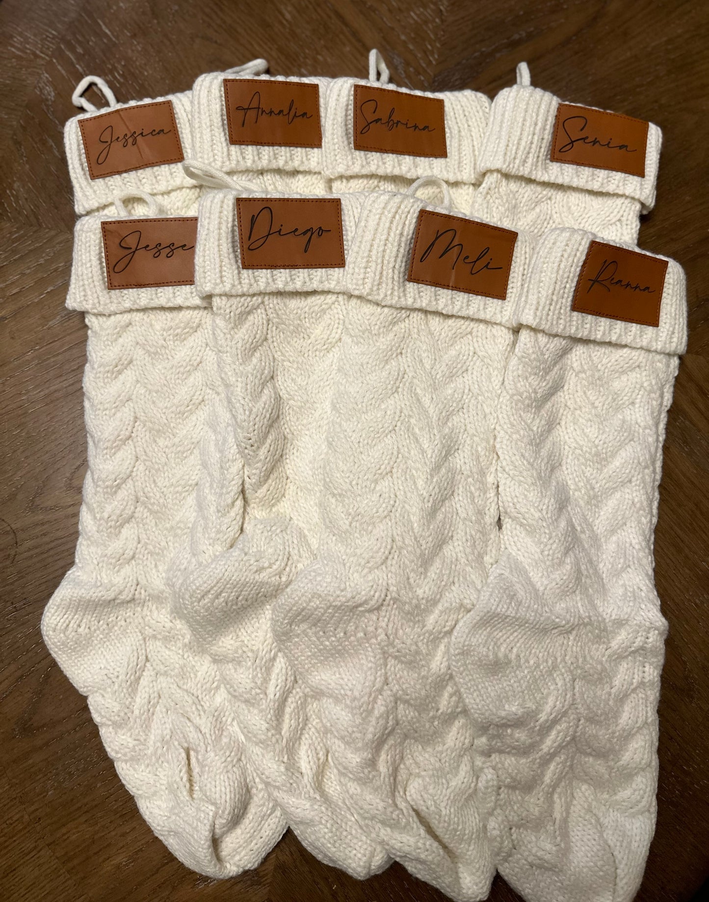 18-Inch Personalized Stockings with Leather Patch | White, Tan, or White with Tan