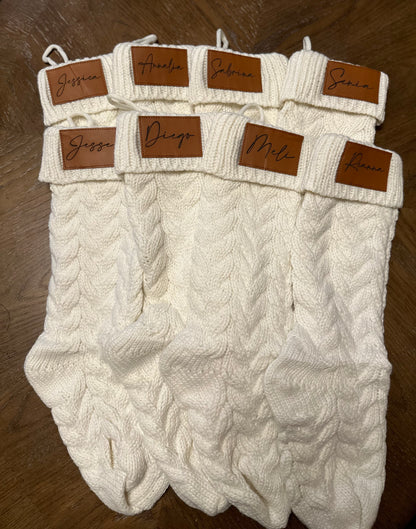 18-Inch Personalized Stockings with Leather Patch | White, Tan, or White with Tan
