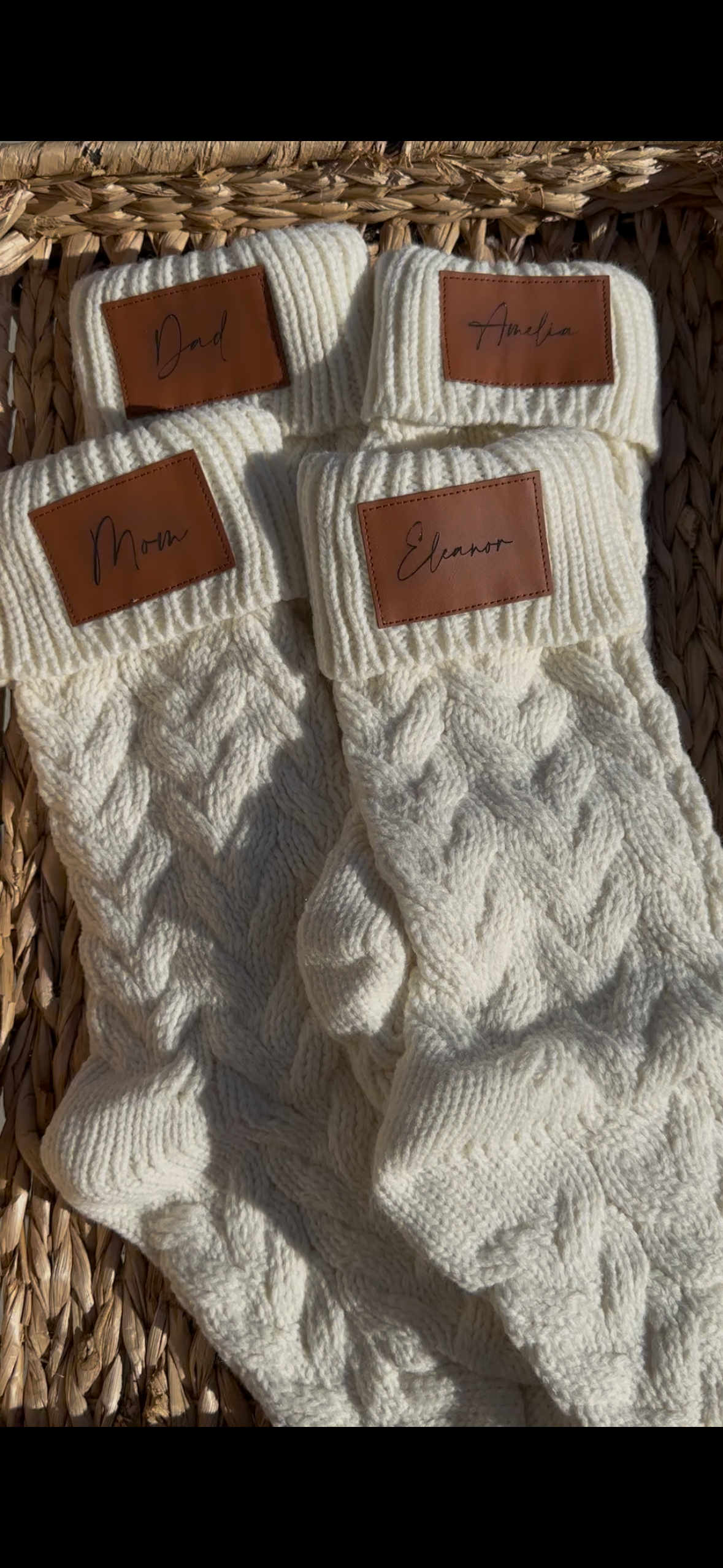 18-Inch Personalized Stockings with Leather Patch | White, Tan, or White with Tan