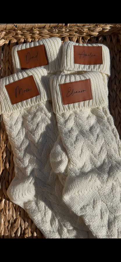 18-Inch Personalized Stockings with Leather Patch | White, Tan, or White with Tan