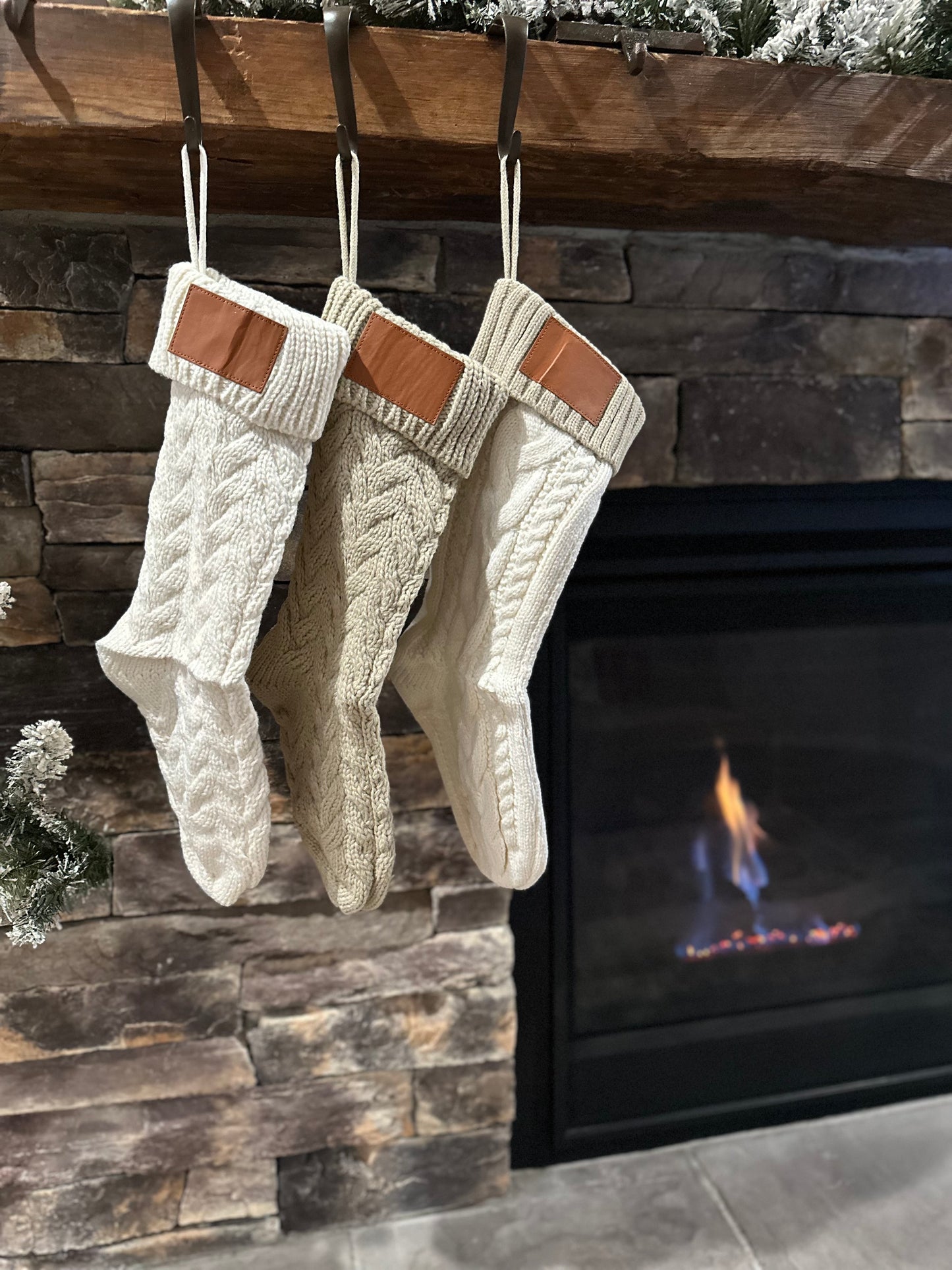 18-Inch Personalized Stockings with Leather Patch | White, Tan, or White with Tan