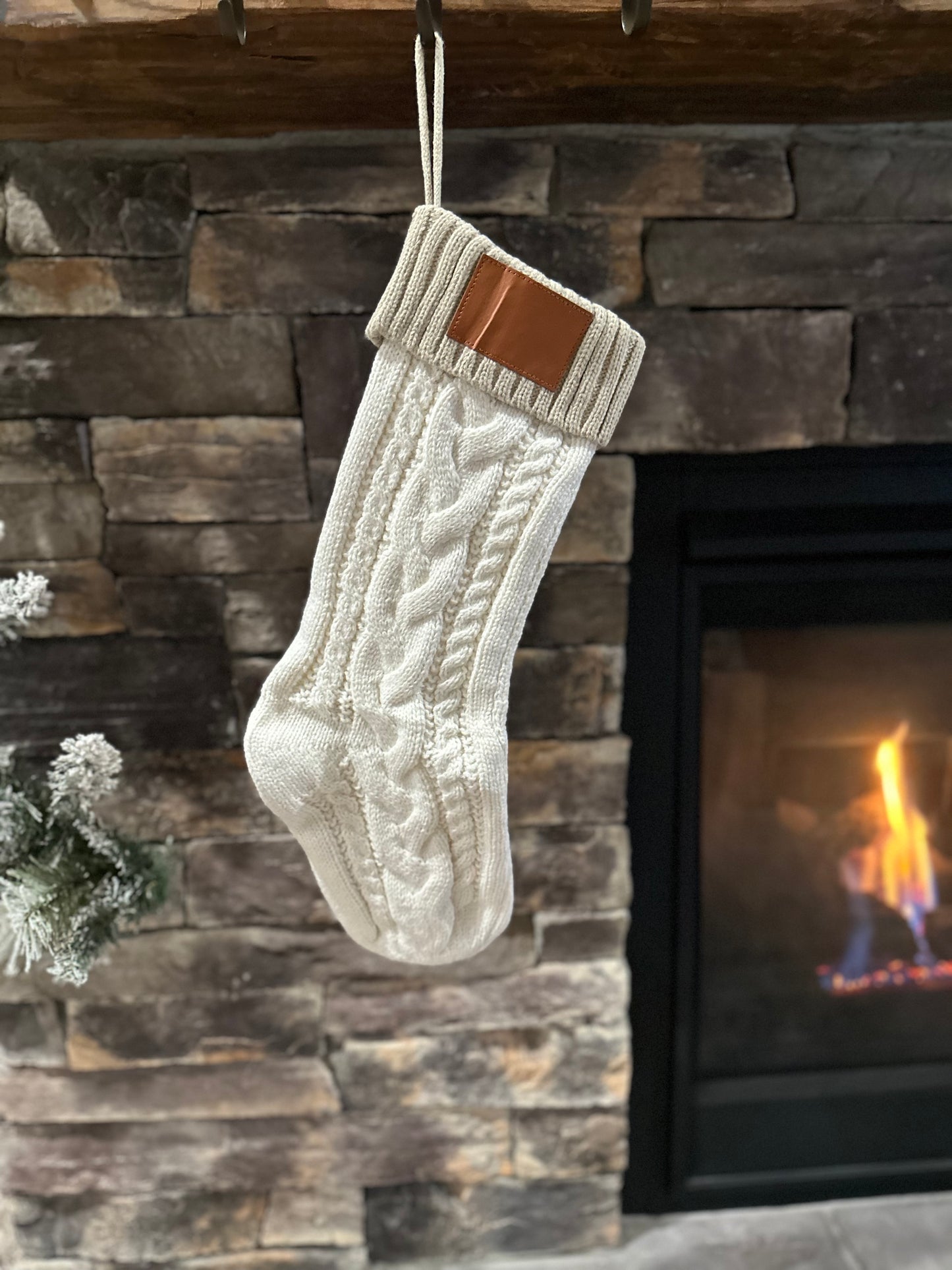 18-Inch Personalized Stockings with Leather Patch | White, Tan, or White with Tan