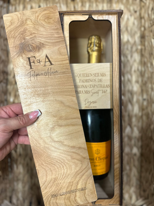 Caja de Vino o Tequila de Madera Personalizada | ¿Quieres Ser Mi / Nuestro Padrino/Madrina? | Regalo para Propuesta de Boda | Padrinos De Bautizo | Padrinos de Honor | Padrinos de Quinceneara | Sweet 16