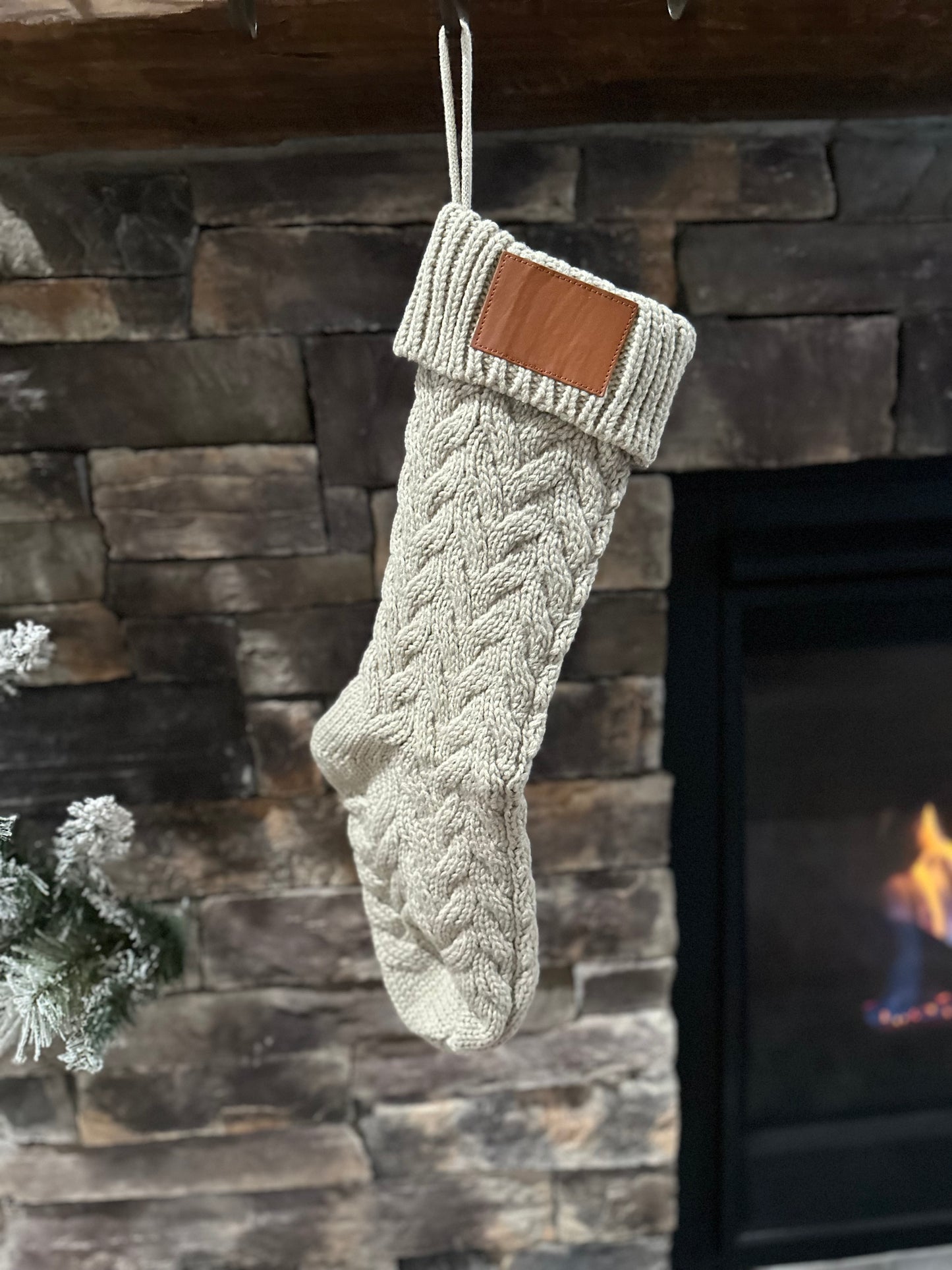 18-Inch Personalized Stockings with Leather Patch | White, Tan, or White with Tan