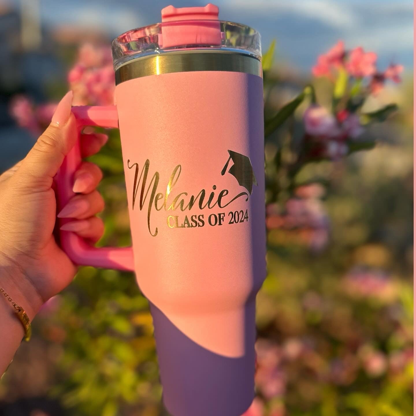 Personalized 40oz Tumbler with Birth Month Flower and Name | Laser Engraved Stainless Steel Tumbler | Gold Undertone