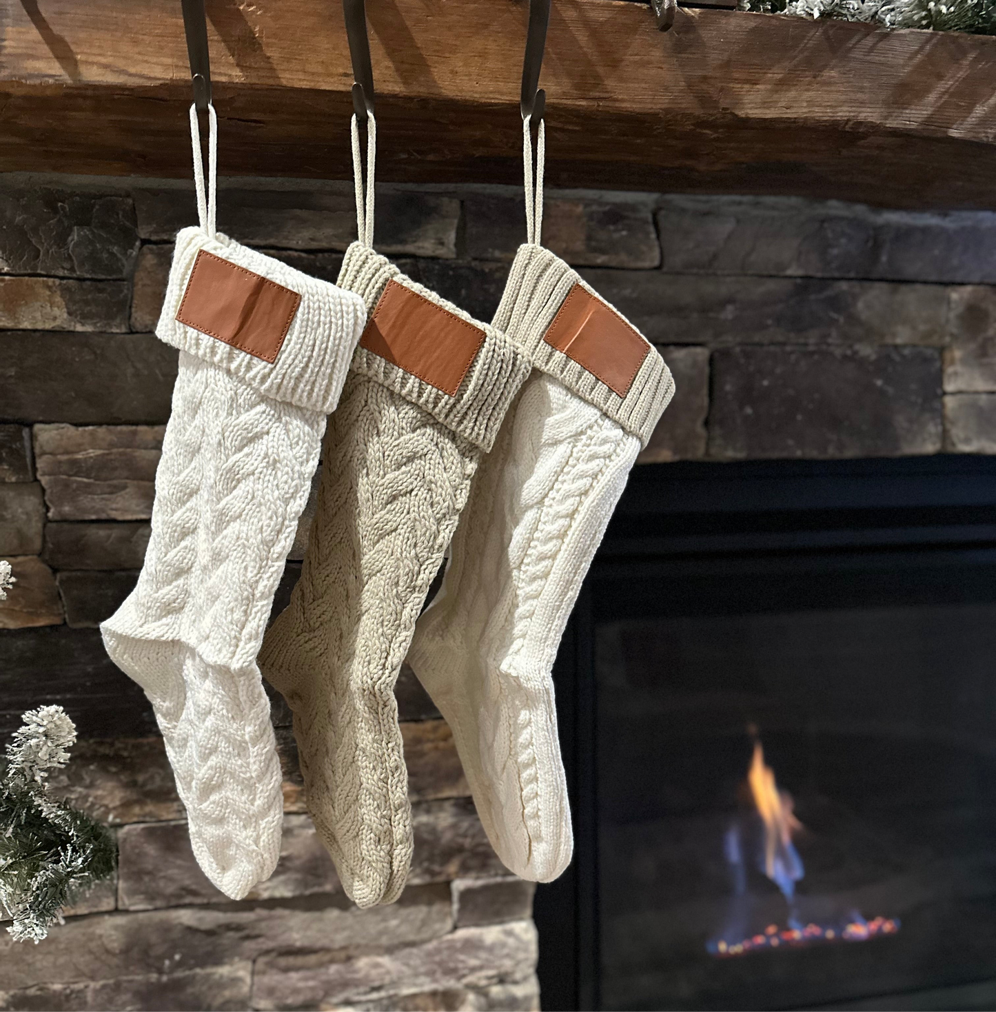 18-Inch Personalized Stockings with Leather Patch | White, Tan, or White with Tan