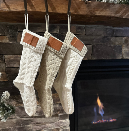 18-Inch Personalized Stockings with Leather Patch | White, Tan, or White with Tan