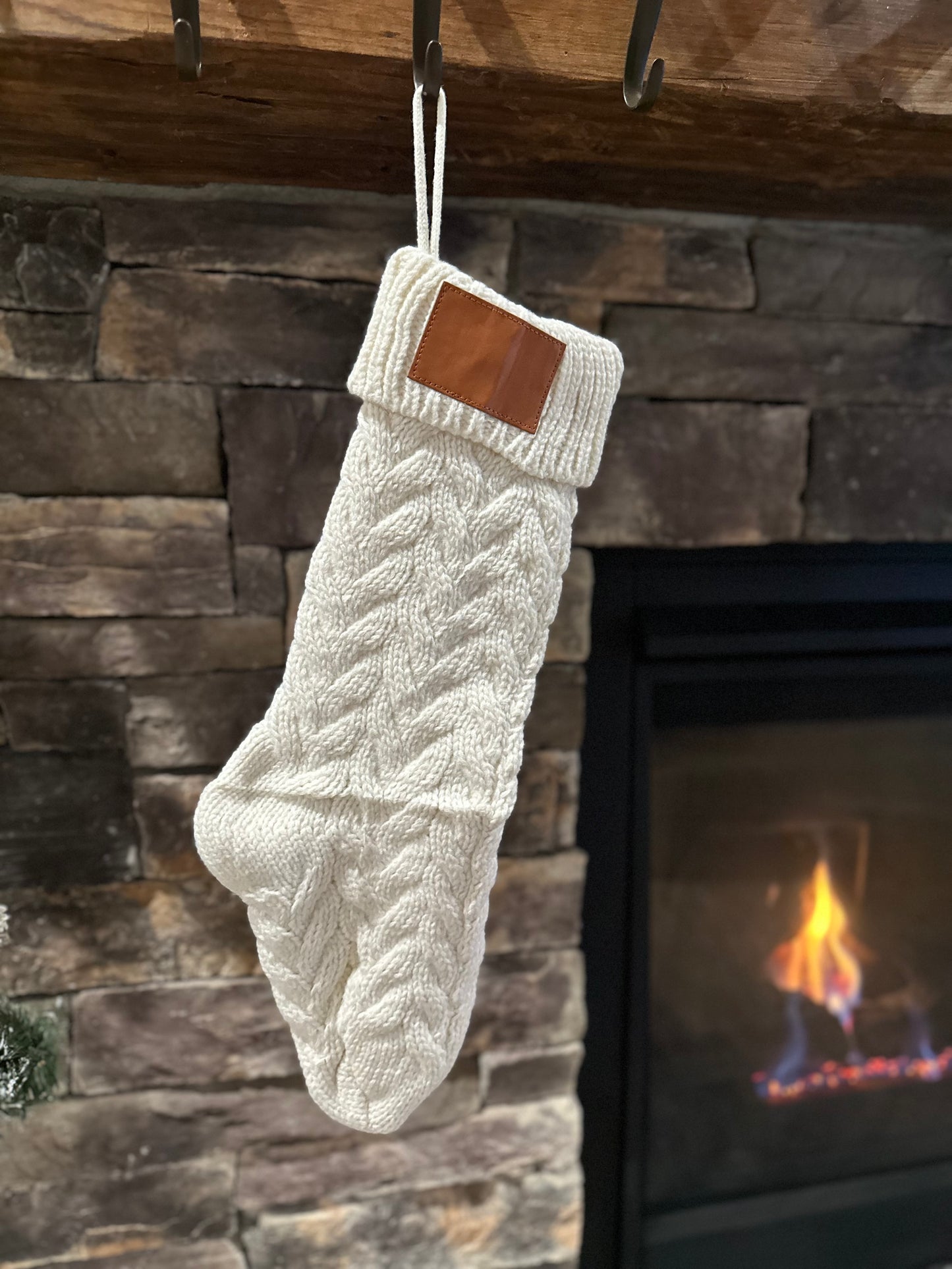 18-Inch Personalized Stockings with Leather Patch | White, Tan, or White with Tan