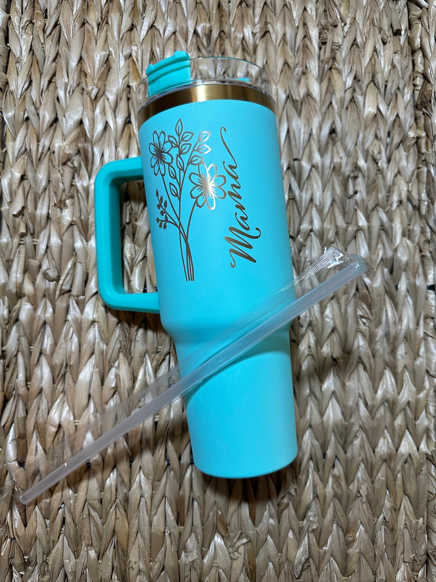 Personalized 40oz Tumbler with Birth Month Flower and Name | Laser Engraved Stainless Steel Tumbler | Gold Undertone