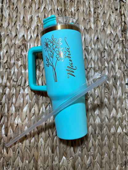 Personalized 40oz Tumbler with Birth Month Flower and Name | Laser Engraved Stainless Steel Tumbler | Gold Undertone