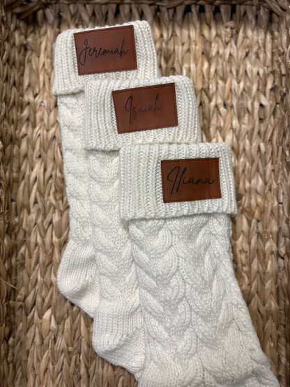 18-Inch Personalized Stockings with Leather Patch | White, Tan, or White with Tan