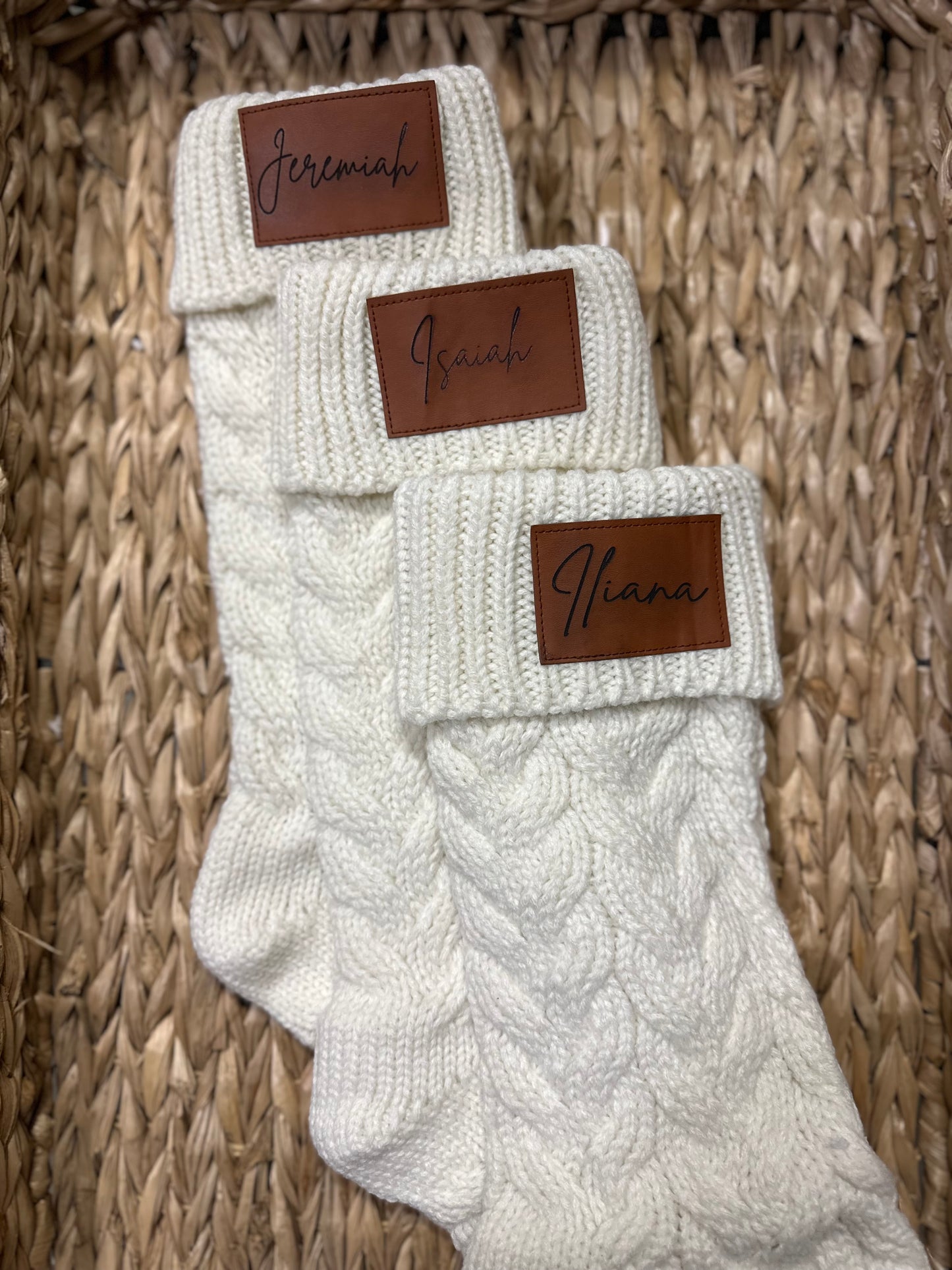 18-Inch Personalized Stockings with Leather Patch | White, Tan, or White with Tan