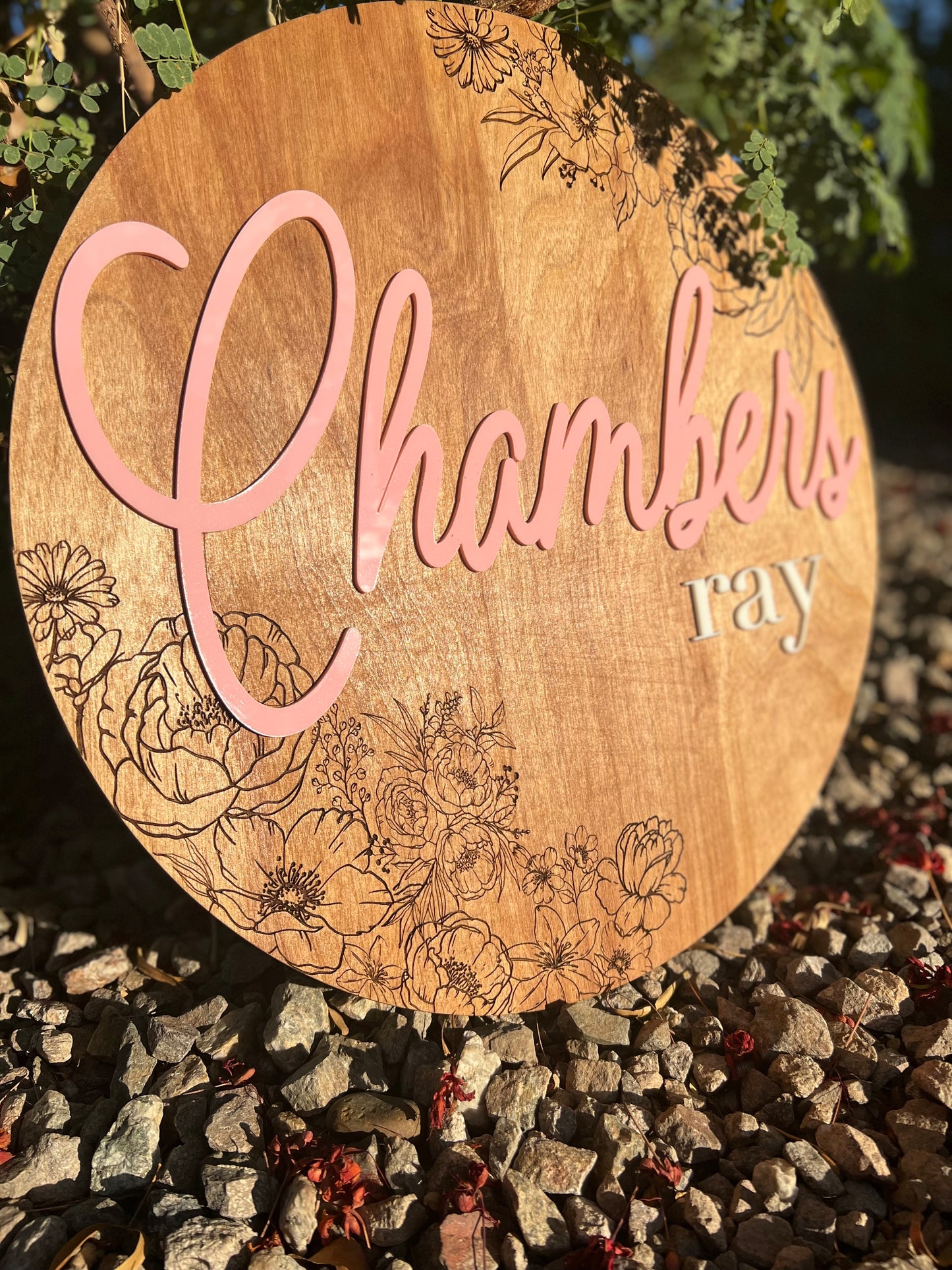 Custom Round Floral Wood & Acrylic Name Sign | Nursery Wall Art