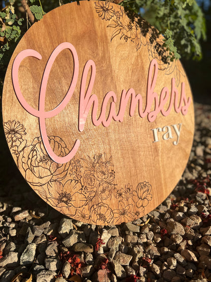 Custom Round Floral Wood & Acrylic Name Sign | Nursery Wall Art