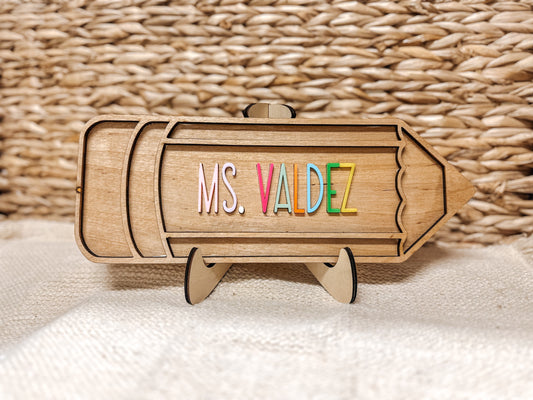 Personalized Wooden Teacher Pencil Sign with Colorful 3D Lettering - Classroom Decor
