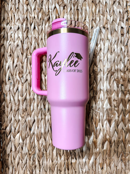 Personalized 40oz Graduation Tumbler with Name and Class Year - Senior Gift with Graduation Cap Design