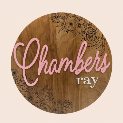 Custom Round Floral Wood & Acrylic Name Sign | Nursery Wall Art