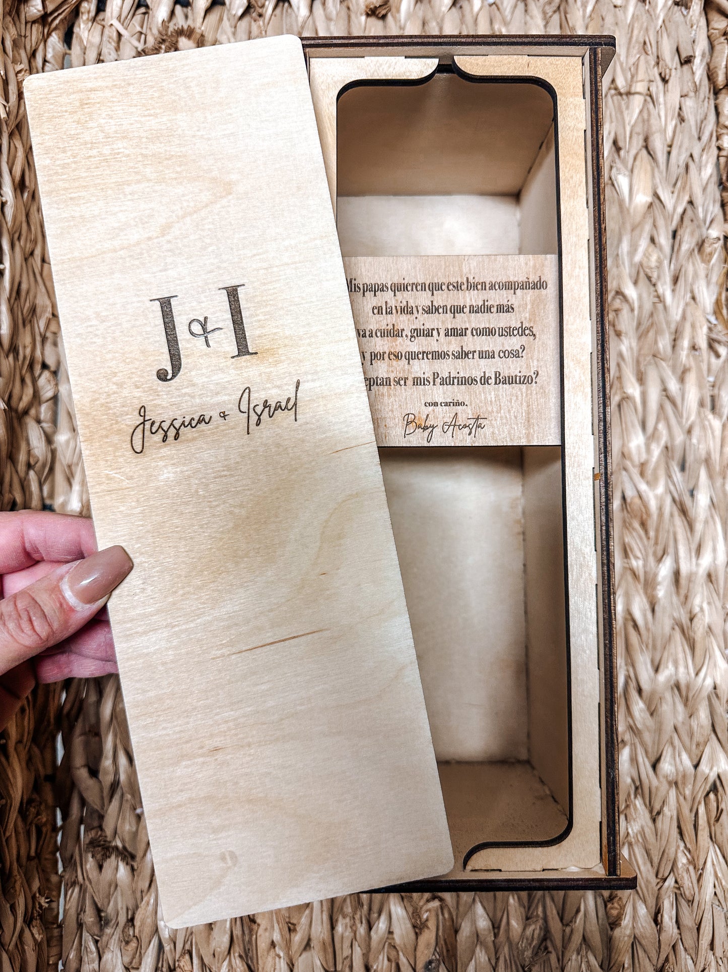 Personalized Wooden Tequila Bottle Box For Godparent Proposal | Laser Engraved Baptism Gift | Tequila Box with Godfather/Godmother Proposal