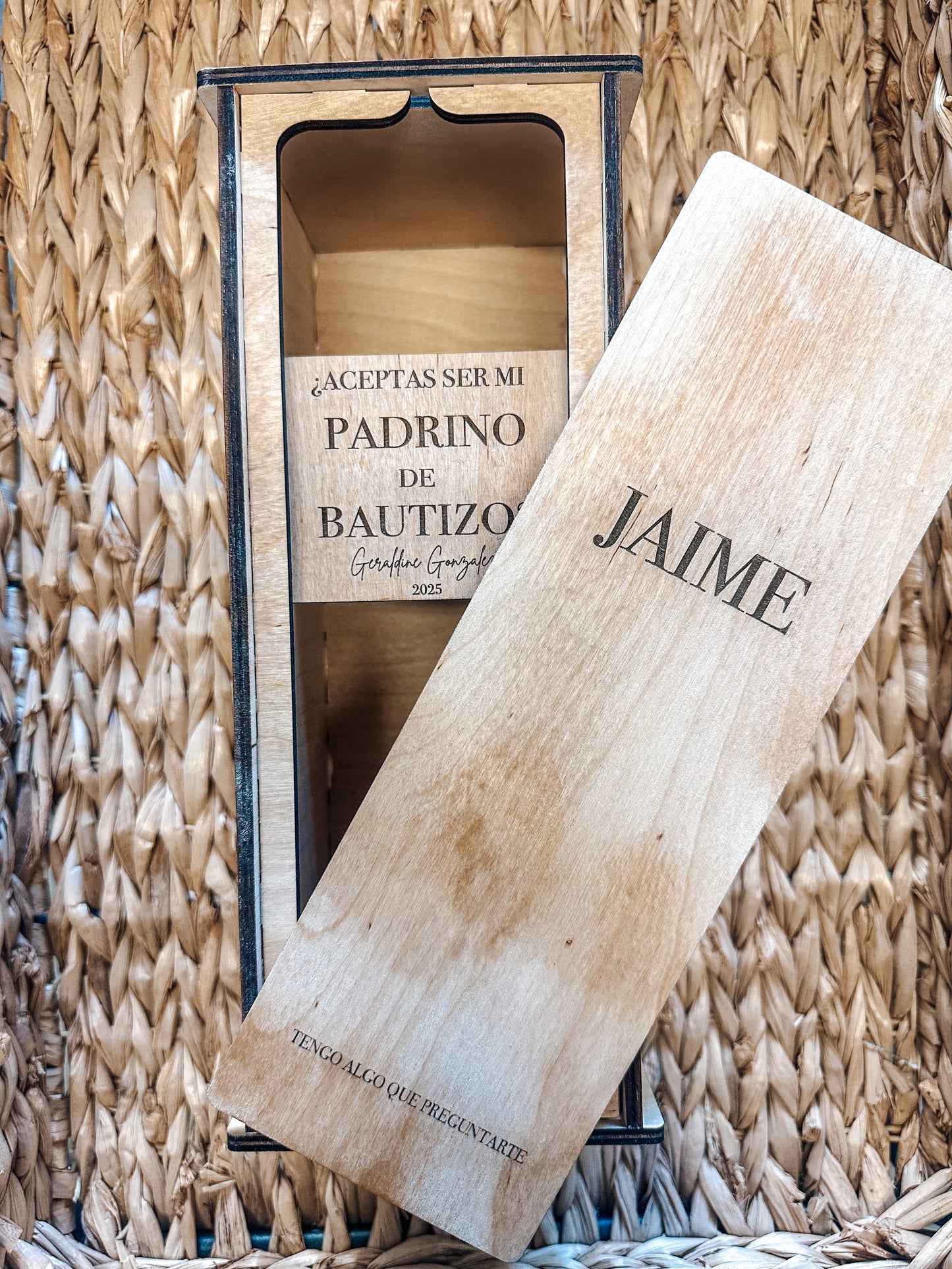 Personalized Wooden Tequila Bottle Box For Godparent Proposal | Laser Engraved Baptism Gift | Tequila Box with Godfather/Godmother Proposal