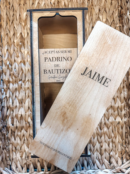 Personalized Wooden Tequila Bottle Box For Godparent Proposal | Laser Engraved Baptism Gift | Tequila Box with Godfather/Godmother Proposal