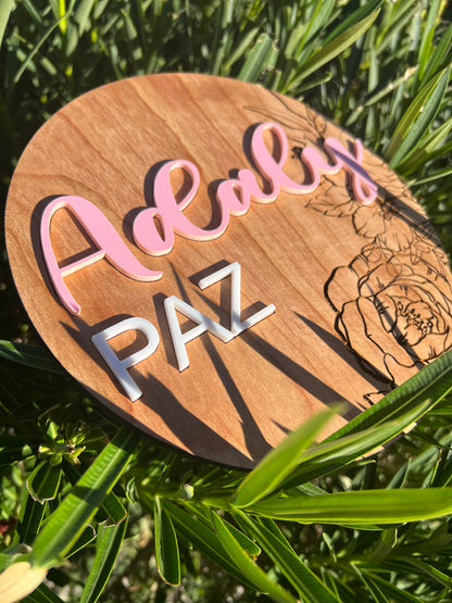 Custom Floral Wood & Acrylic Baby Arrival Plaque | Personalized Birth Stats Keepsake |