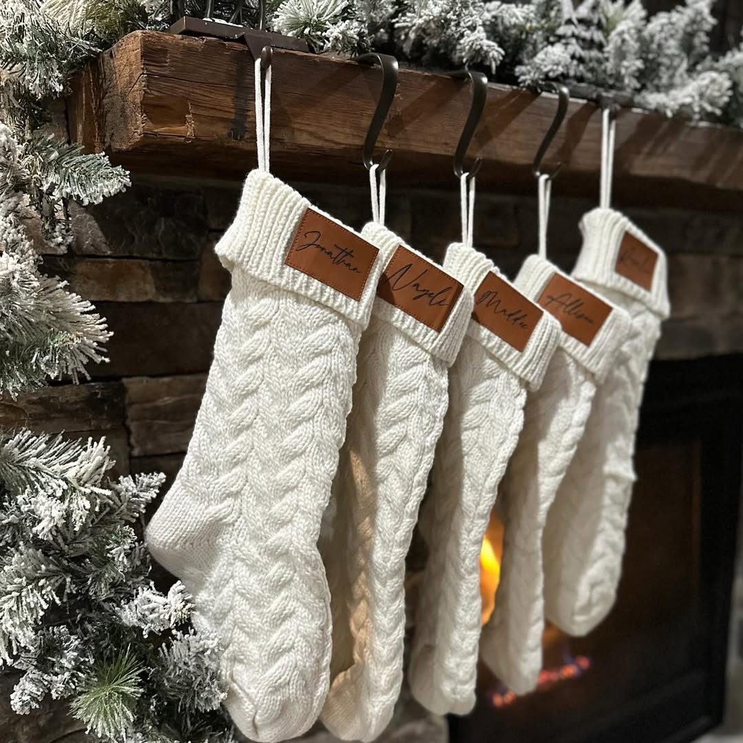 18-Inch Personalized Stockings with Leather Patch | White, Tan, or White with Tan