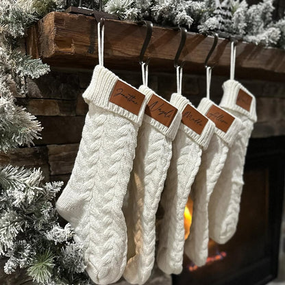 18-Inch Personalized Stockings with Leather Patch | White, Tan, or White with Tan