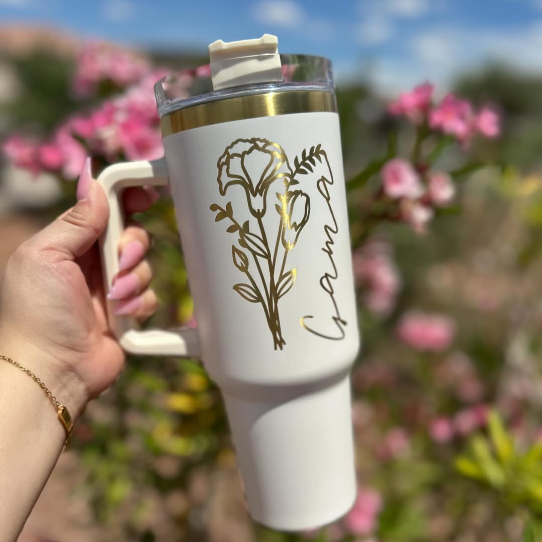 Personalized 40oz Tumbler with Birth Month Flower and Name | Laser Engraved Stainless Steel Tumbler | Gold Undertone