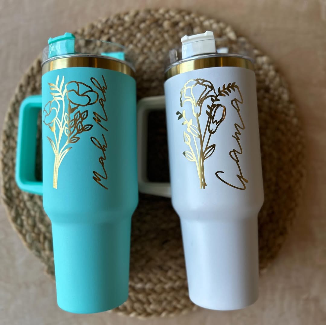 Personalized 40oz Tumbler with Birth Month Flower and Name | Laser Engraved Stainless Steel Tumbler | Gold Undertone