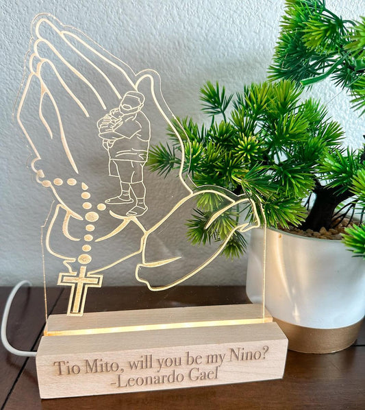 Personalized LED Acrylic Portrait with Wooden Base | Custom Engraved Message | Custom Acrylic Shape
