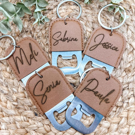 Personalized Leather Bottle Opener Keychains | Custom Wedding Party Favors