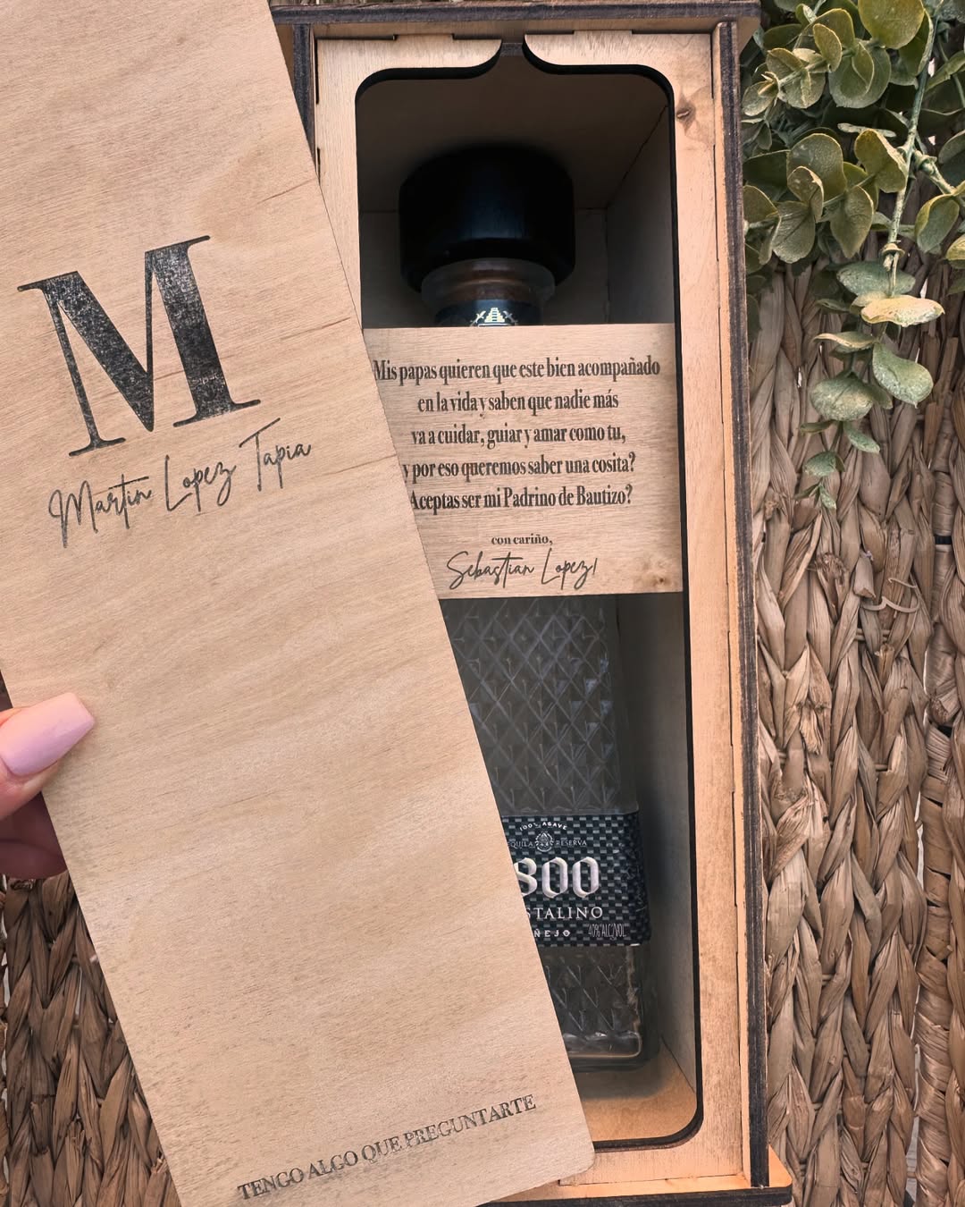 Personalized Wooden Tequila Bottle Box For Godparent Proposal | Laser Engraved Baptism Gift | Tequila Box with Godfather/Godmother Proposal