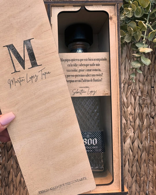 Personalized Wooden Tequila Bottle Box For Godparent Proposal | Laser Engraved Baptism Gift | Tequila Box with Godfather/Godmother Proposal