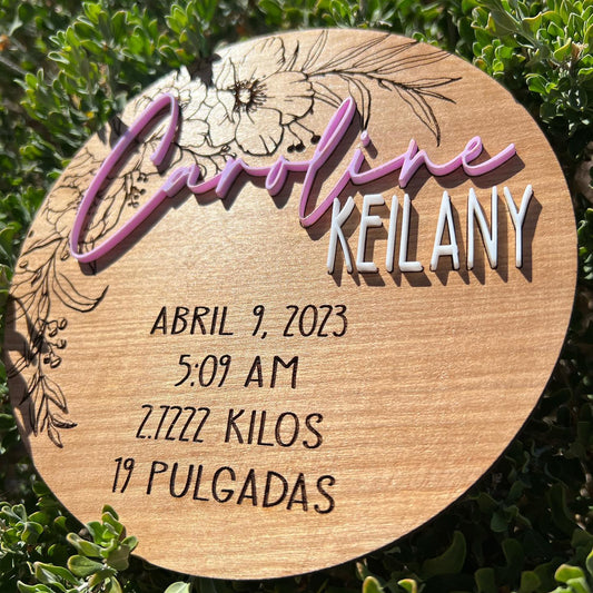 Custom Floral Wood & Acrylic Baby Arrival Plaque | Personalized Birth Stats Keepsake |