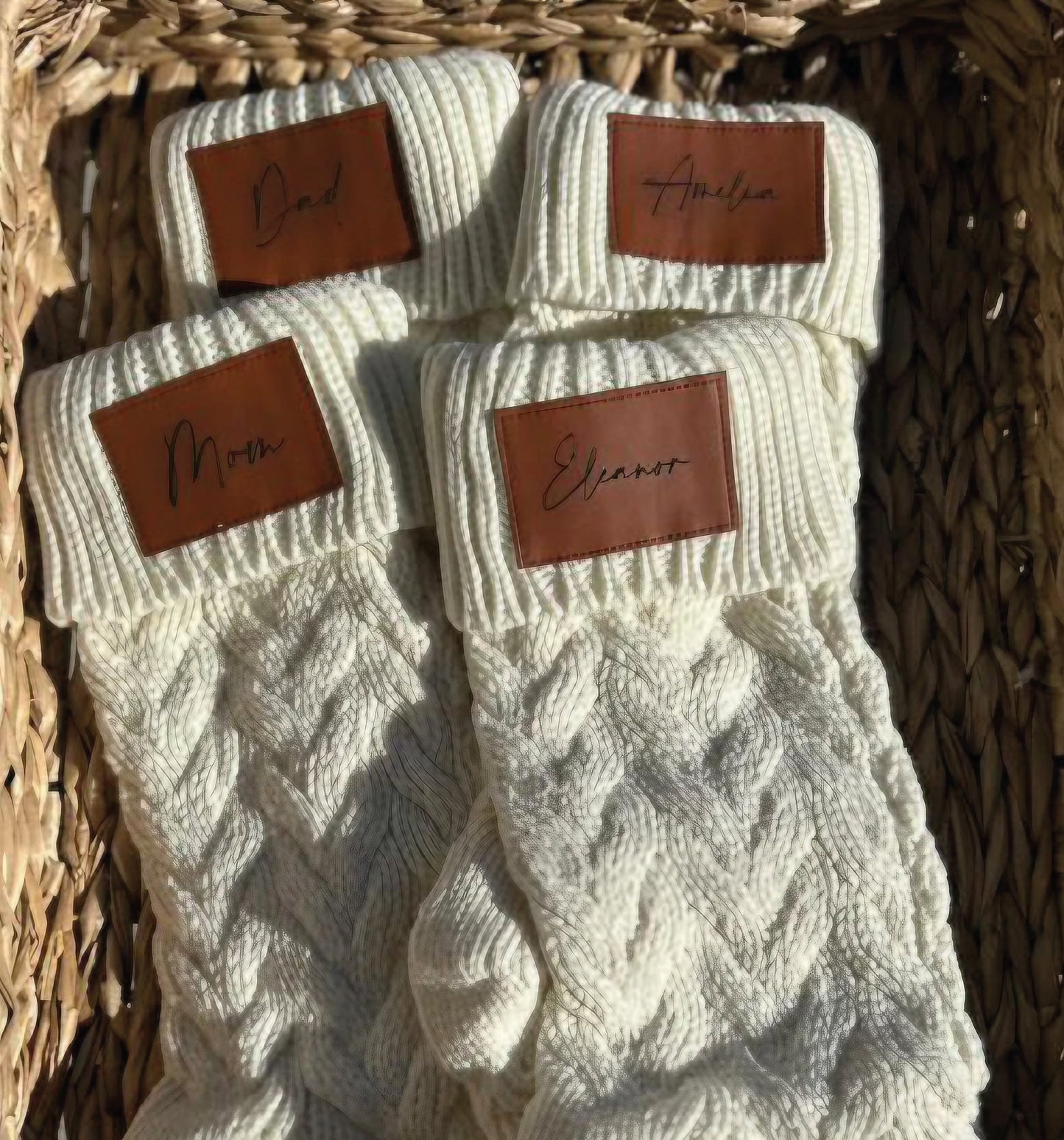 18-Inch Personalized Stockings with Leather Patch | White, Tan, or White with Tan