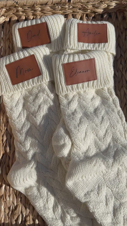 18-Inch Personalized Stockings with Leather Patch | White, Tan, or White with Tan