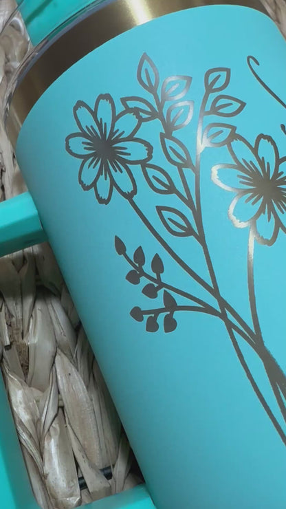 Personalized 40oz Tumbler with Birth Month Flower and Name | Laser Engraved Stainless Steel Tumbler | Gold Undertone